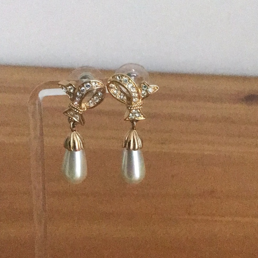 Gold Tone Rhinestone & Faux Pearl Pierced Dangle Earrings Signed Roman Vintage